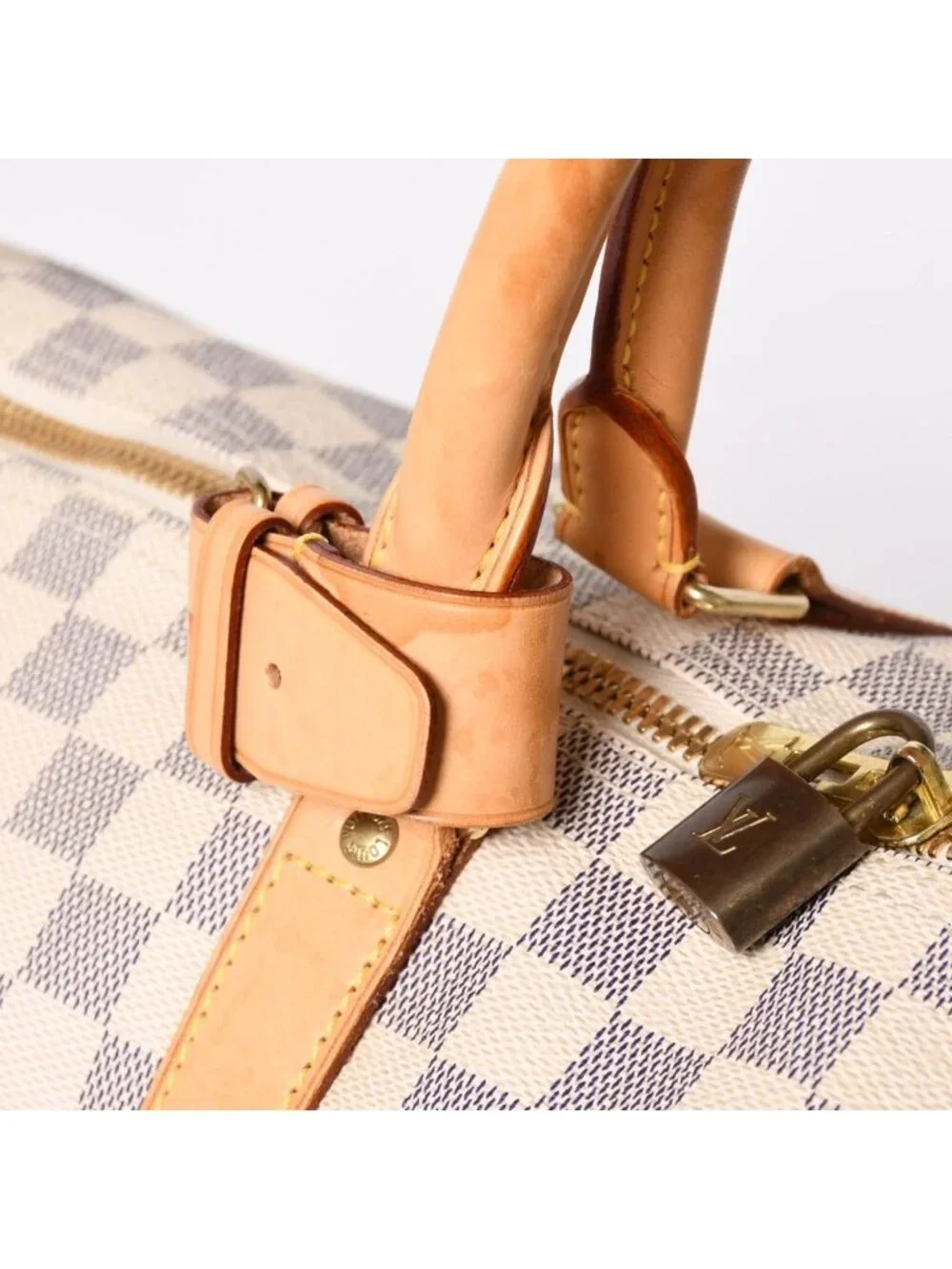 Louis Vuitton Keepall 50 Boston Bag Damier Azur Canvas Vachetta Leather White